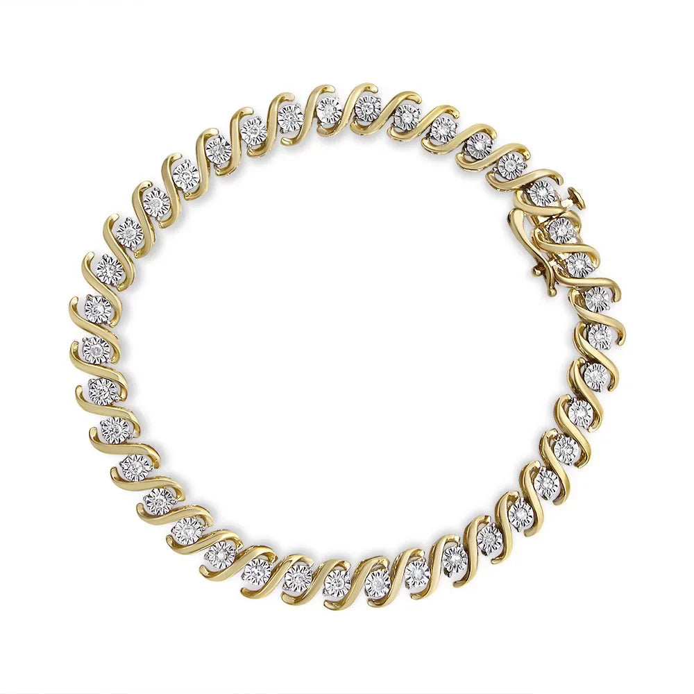 14K Diamond Plated 7" S-Curve Bracelet Gold 1/2 (I-J I3 Silver Miracle-Set Color, Clarity) Cttw Round - Yellow Tennis Sterling .925