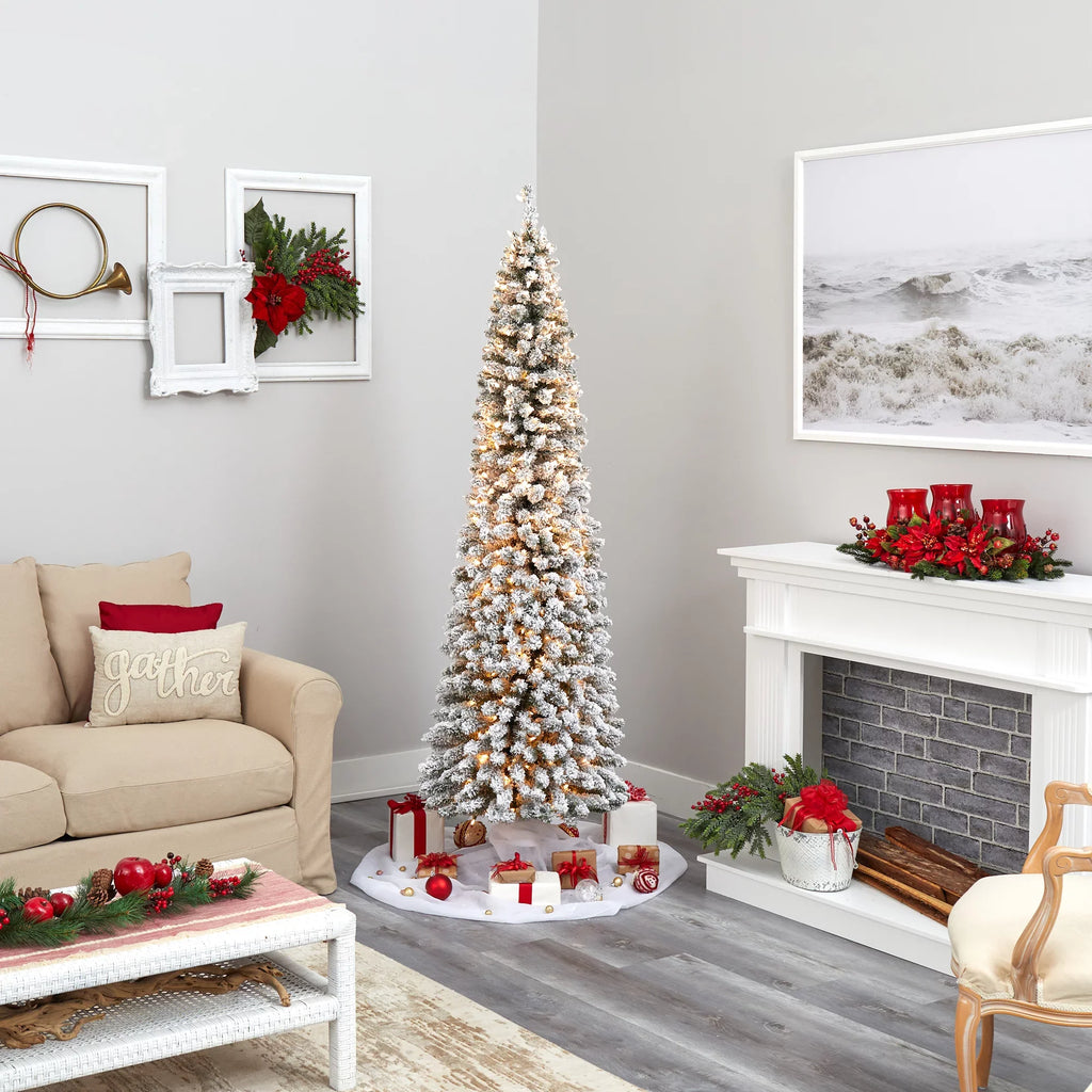 White 400 Nearly Clear 7' Natural Lights Pencil Christmas Prelit Artificial Flocked Tree
