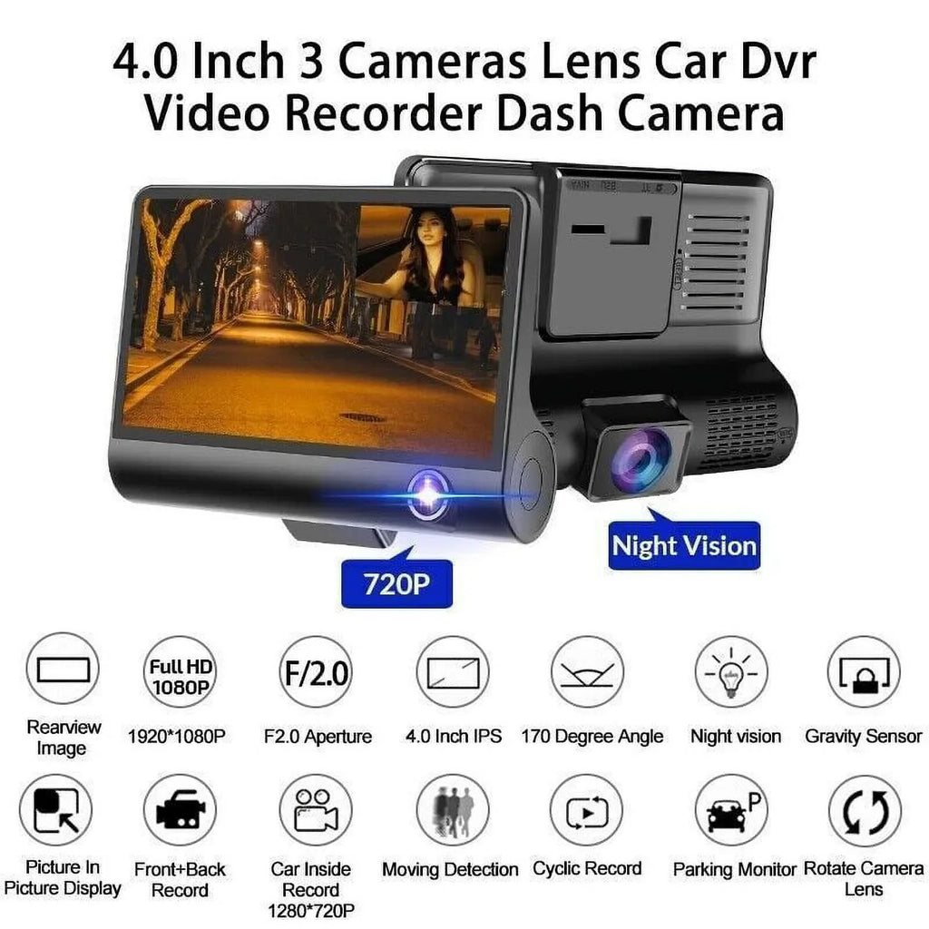 Front/Rear/Built-In Driving Video Xhy 1080P DVR and 4" Cam G-Sensor, Camera Motion Parking Car Monitoring Dash HD Recorder Dual Lens Detection
