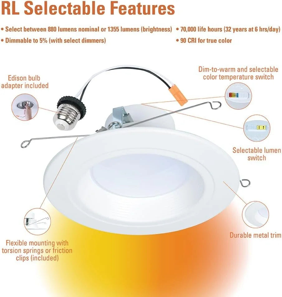 Baffle Matte Recessed Warm, CCT Selectable Lumens Retrofit to HALO 900/1200 Light Retrofit Downlight, Ceiling Dim Lumens, and RL Trim, Selectable LED Series Shower inch White & 5/6