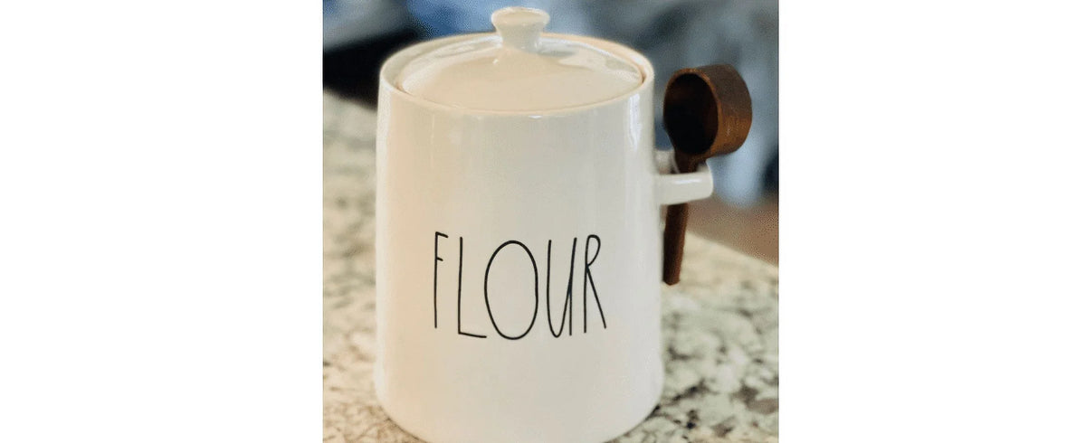 New with Bell Flour Dunn Ivory Black Shaped Wooden Kitchen Scoop Rae Ceramic LL Large Letters Canister