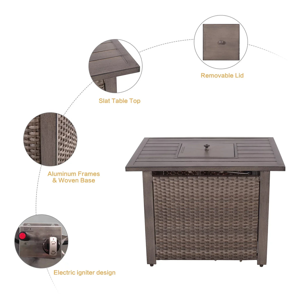 Table, Rocking BTU 33.8"x27.2" with Chairs & Propane Firepit exterior Set Gas Patio Piece All-climate Motion Conversation Furniture for 15000 5 Set Deck Table, Wicker Yard Garden Fire 4 Pit