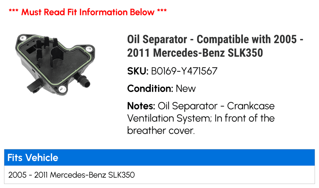 with - 2007 Compatible 2011 SLK350 2009 Mercedes-Benz 2005 Oil 2008 2010 - Separator 2006