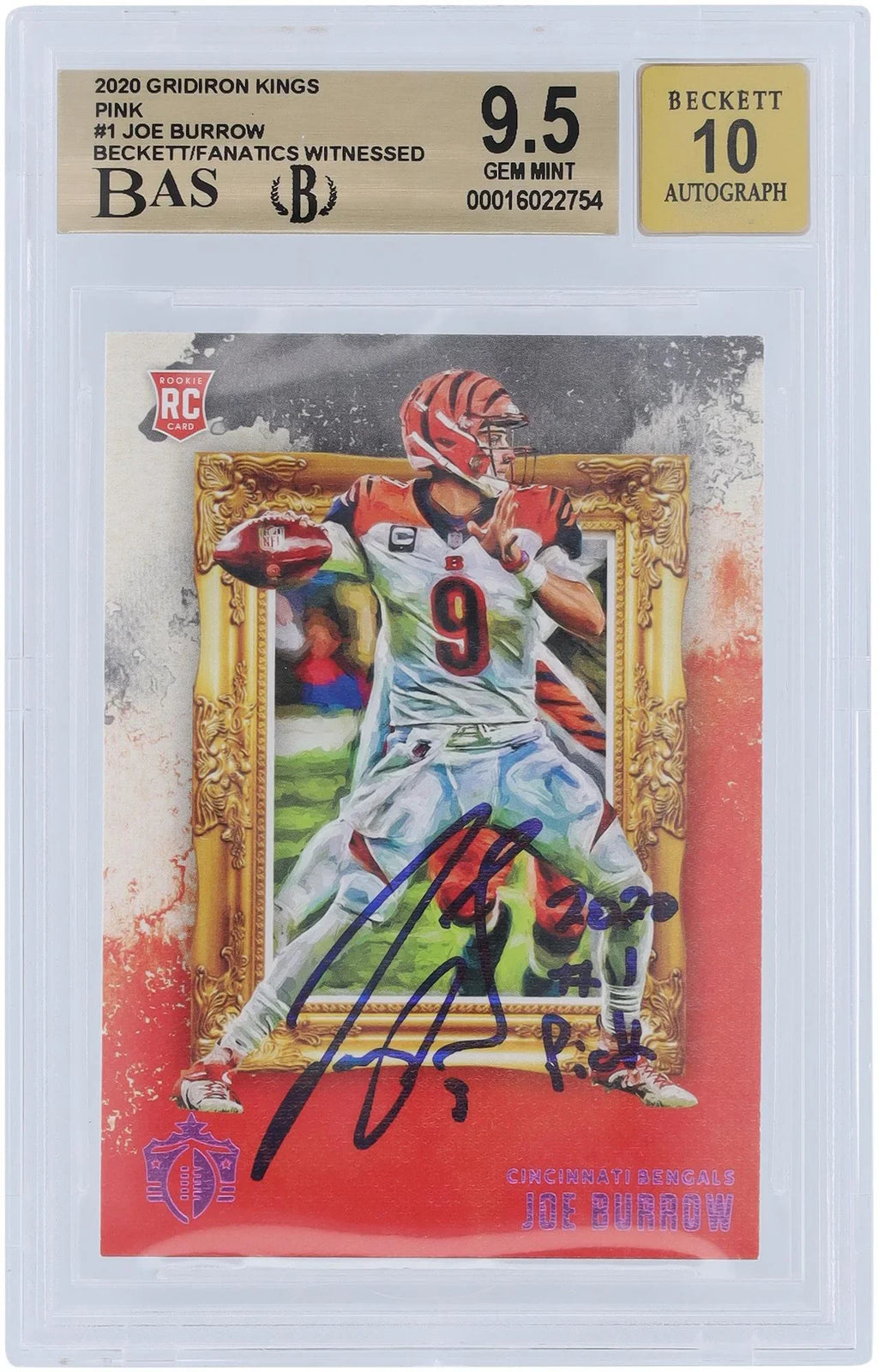 Panini Bengals Kings Certified Beckett Subgrades 9.5/10 Cincinnati Authenticated Authentic Pink Gridiron 2020 Joe Rookie Fanatics - Card 9.5,9,9.5,10 Witnessed #GK-1 Burrow Fanatics Autographed -
