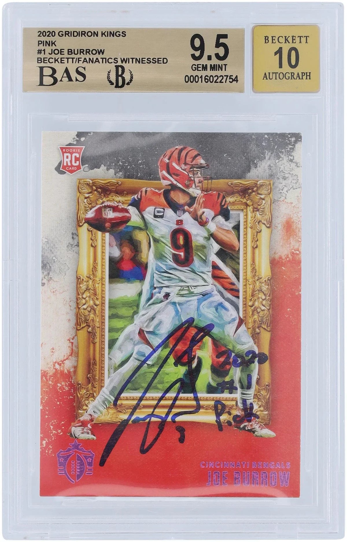 Panini Bengals Kings Certified Beckett Subgrades 9.5/10 Cincinnati Authenticated Authentic Pink Gridiron 2020 Joe Rookie Fanatics - Card 9.5,9,9.5,10 Witnessed #GK-1 Burrow Fanatics Autographed -