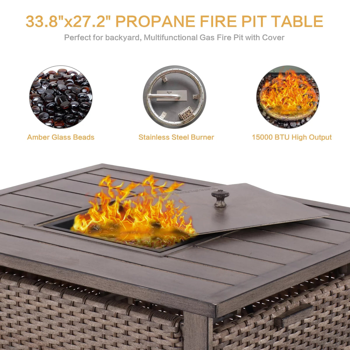 Table, Rocking BTU 33.8"x27.2" with Chairs & Propane Firepit exterior Set Gas Patio Piece All-climate Motion Conversation Furniture for 15000 5 Set Deck Table, Wicker Yard Garden Fire 4 Pit