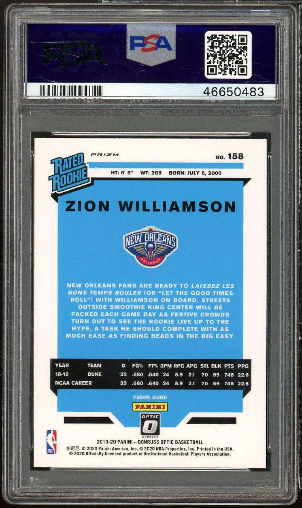 Optic #158 Donruss PSA Panini 2019-20 Purple 10 Zion Williamson Card Rookie