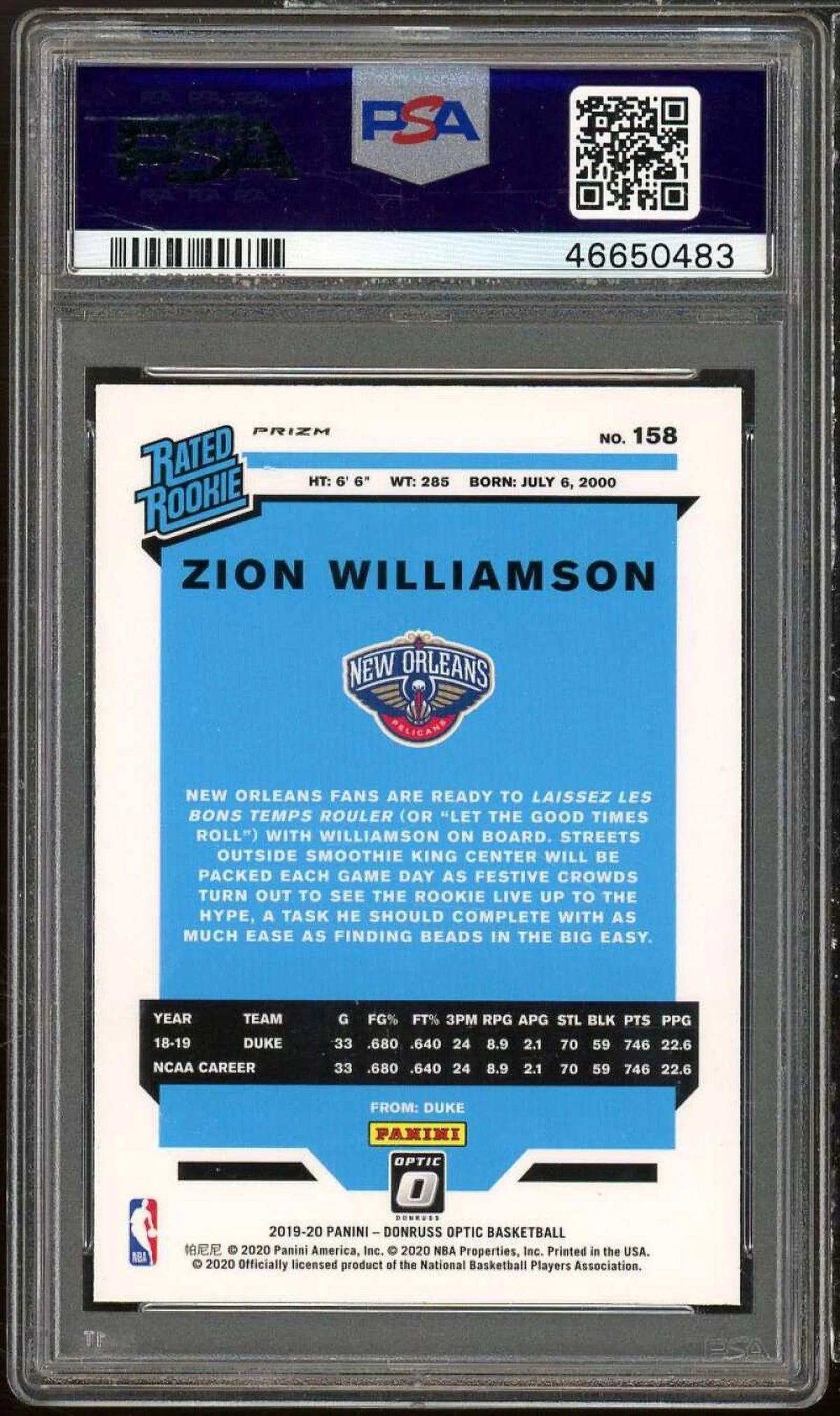 Optic #158 Donruss PSA Panini 2019-20 Purple 10 Zion Williamson Card Rookie