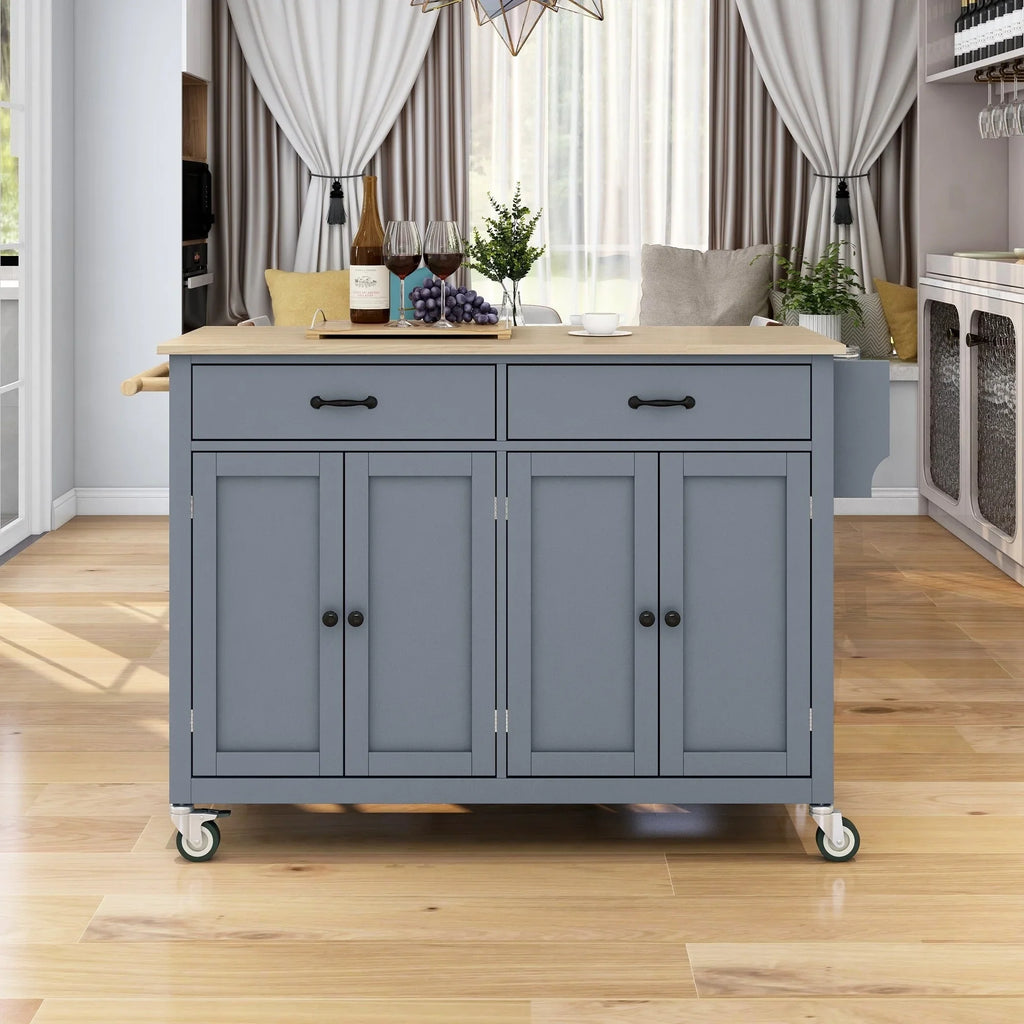 Locking - Wood with and Grey Wheels Top Kitchen Solid Blue Cart Island Granite