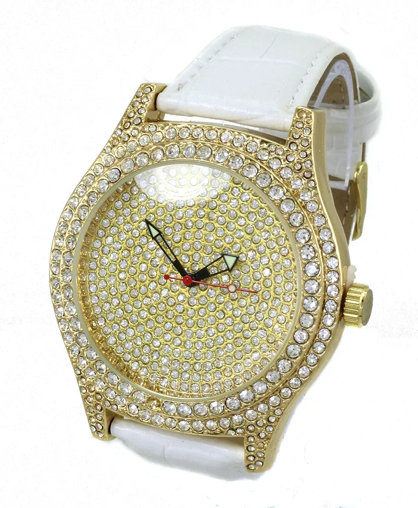 White Clubbing Cubic Zirconia Gold Watch, 50x60 Tone Strap Out Ice Case Leather