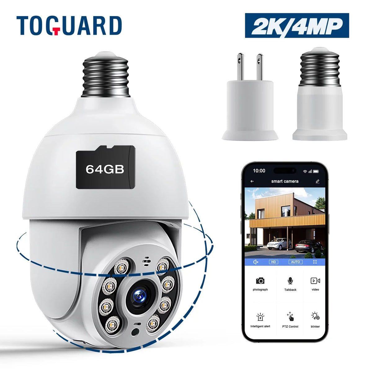 Bulb Surveillance Camera Dome WiFi Wireless Camera exterior Security PTZ SC30 Toguard 2K/4MP Indoor Light