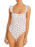 Swimsuit Womens Neck One-Piece Square Ruffled Maillot Swim Aqua